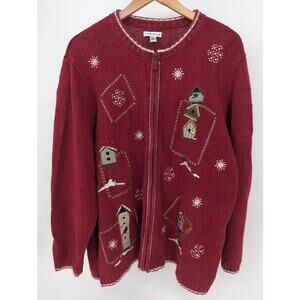 Vintage Croft & Barrow Winter Bird House Red Full Zip Sweater Size 3X